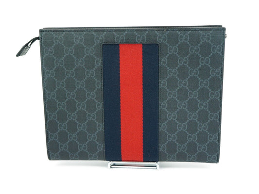 GUCCI GG Supreme Sherry Line GG Web PVC Canvas Leather Black Clutch Bag "Free shipping"