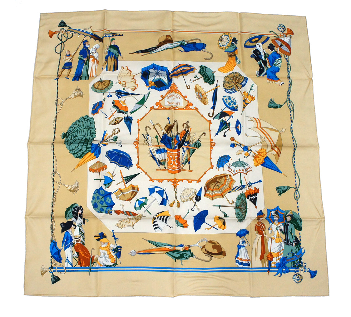 Hermes Carre 90 "Ombrelles et Parapluie" Silk Scarf in Beige and Multicolor