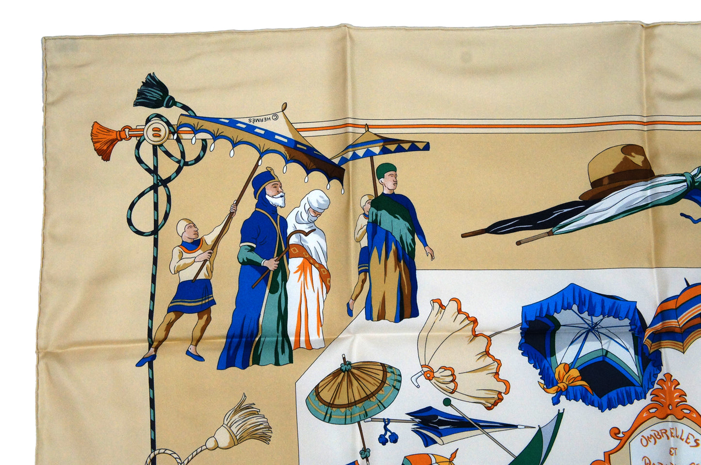 Hermes Carre 90 "Ombrelles et Parapluie" Silk Scarf in Beige and Multicolor