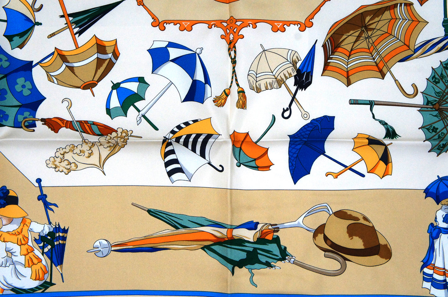 Hermes Carre 90 "Ombrelles et Parapluie" Silk Scarf in Beige and Multicolor