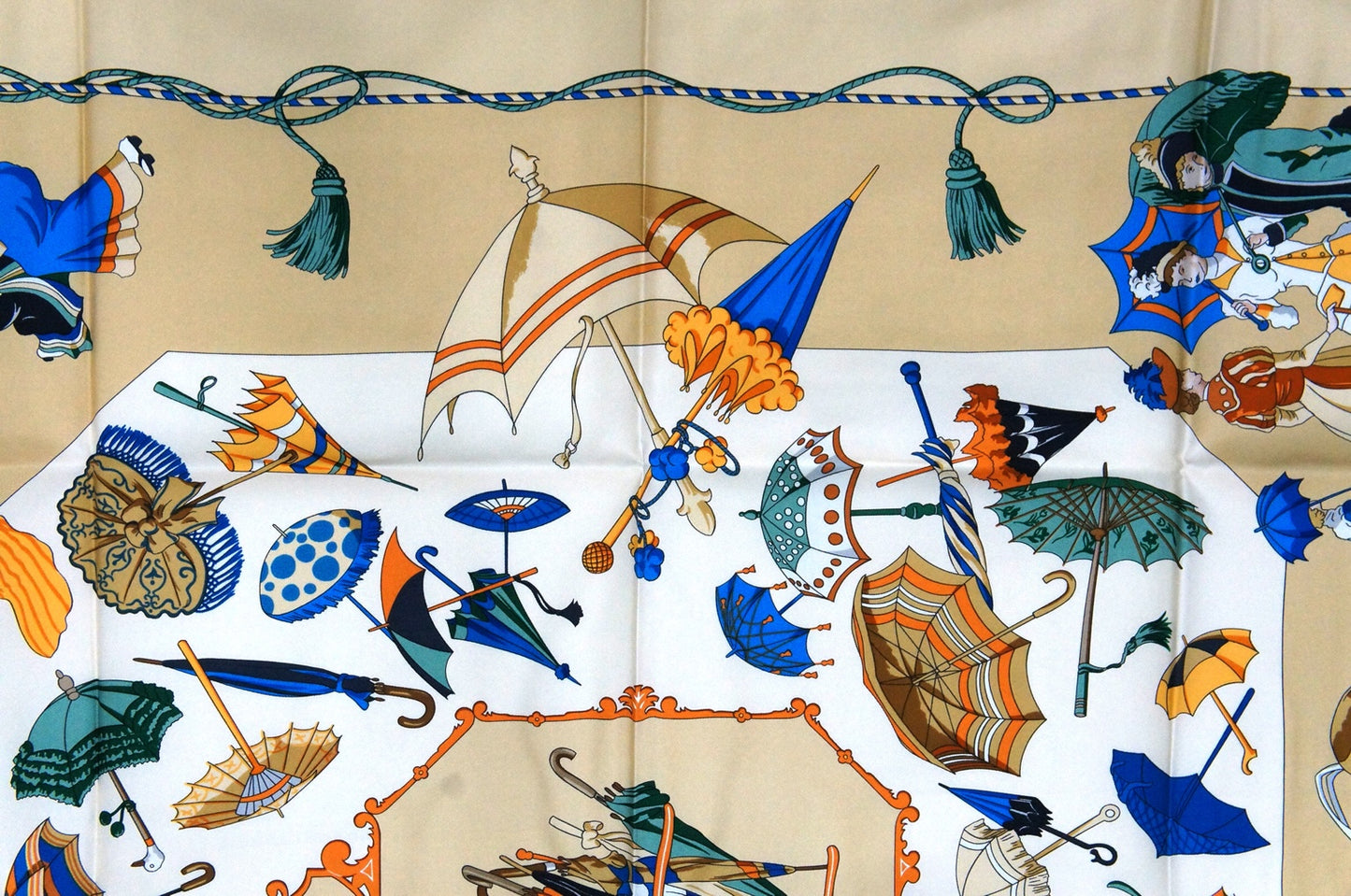 Hermes Carre 90 "Ombrelles et Parapluie" Silk Scarf in Beige and Multicolor