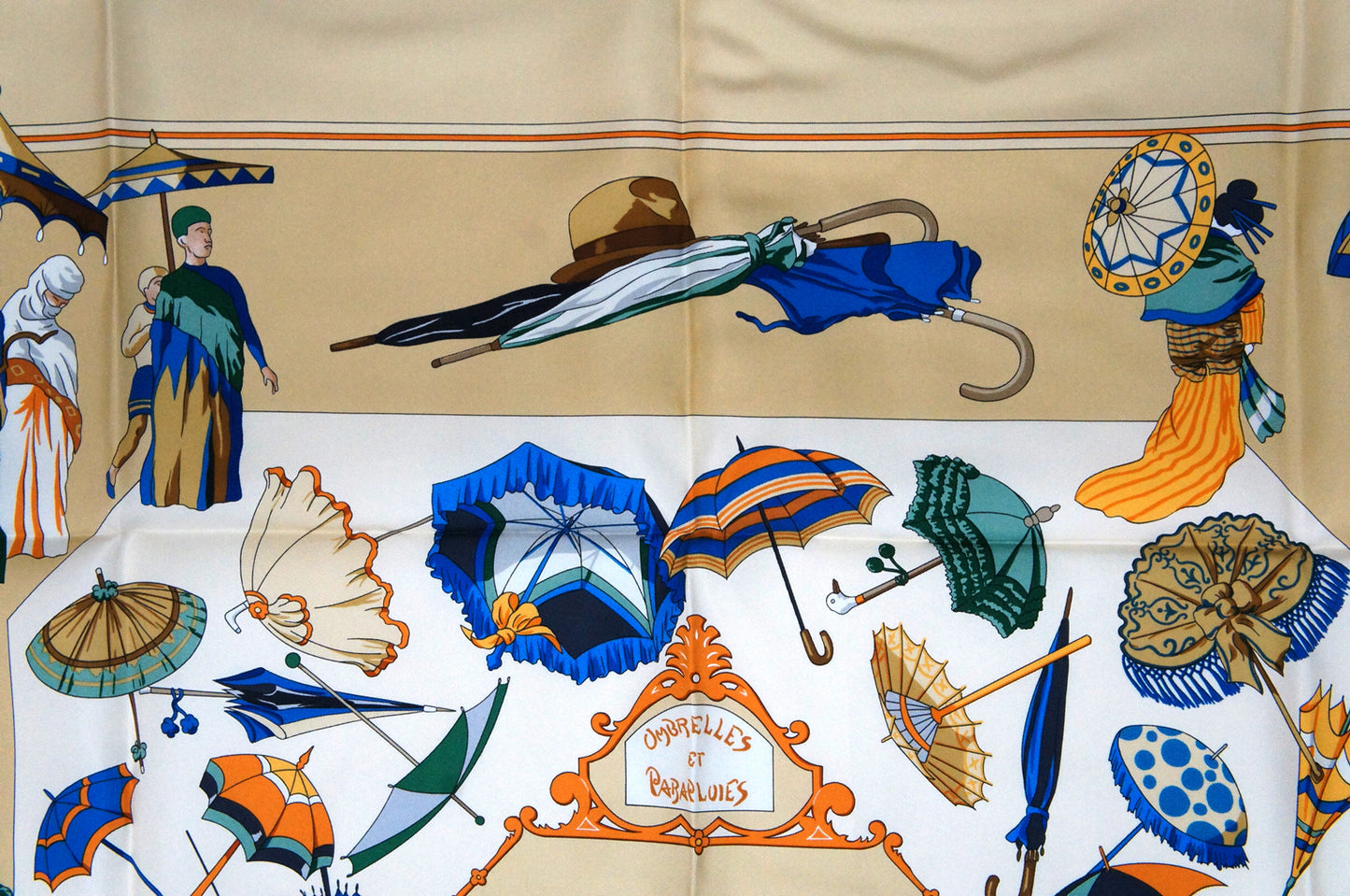 Hermes Carre 90 "Ombrelles et Parapluie" Silk Scarf in Beige and Multicolor