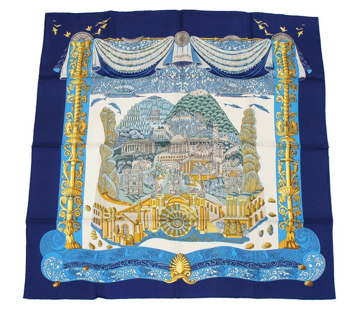 Hermes Carre 90 "L'Atlantide" Silk Scarf in Navy Blue and Multicolor
