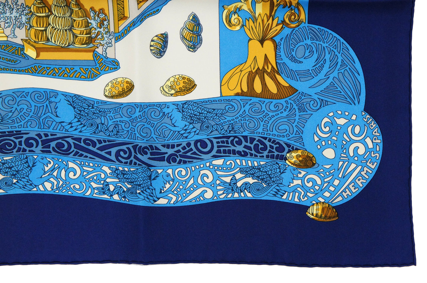 Hermes Carre 90 "L'Atlantide" Silk Scarf in Navy Blue and Multicolor