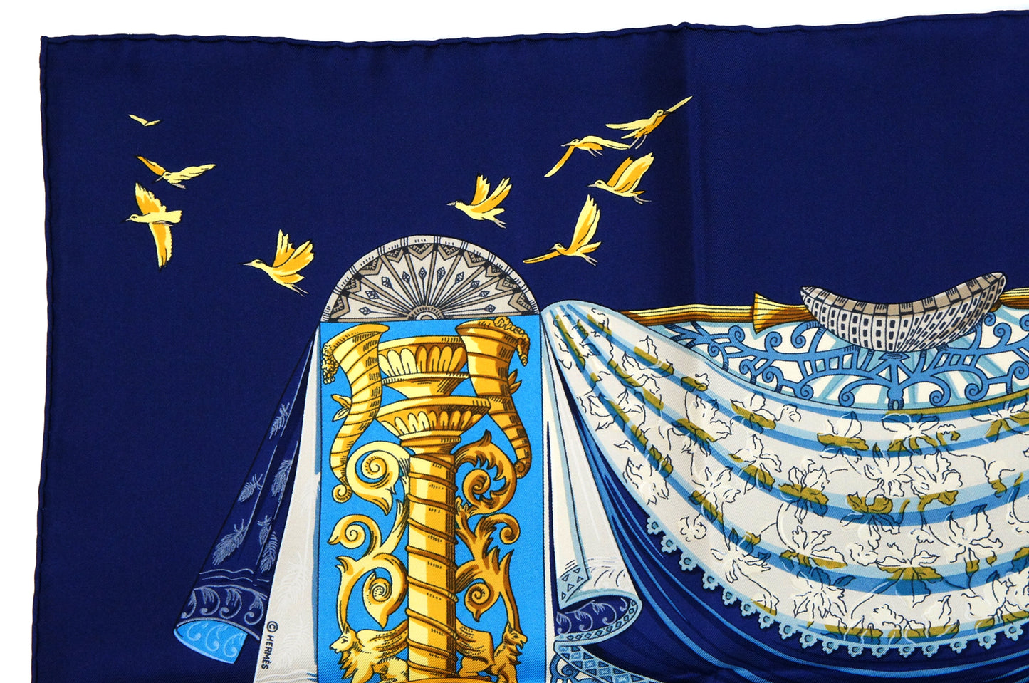 Hermes Carre 90 "L'Atlantide" Silk Scarf in Navy Blue and Multicolor