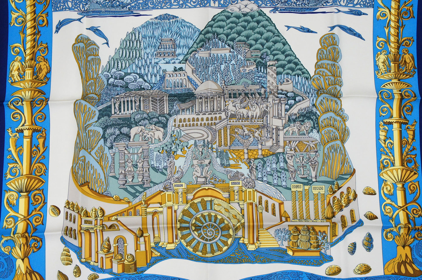 Hermes Carre 90 "L'Atlantide" Silk Scarf in Navy Blue and Multicolor