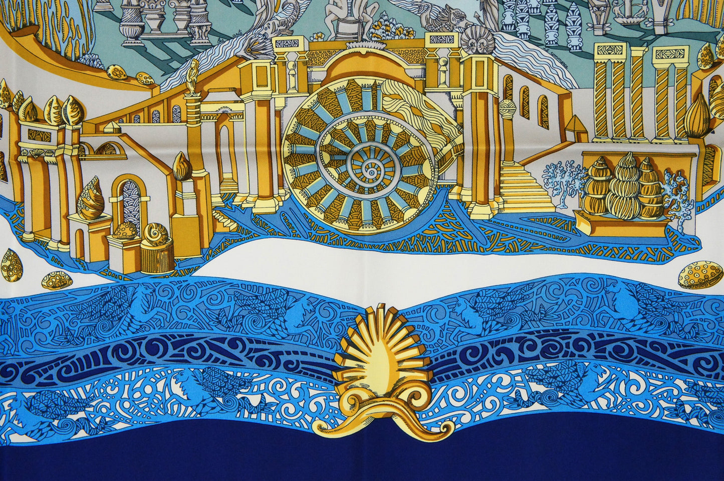 Hermes Carre 90 "L'Atlantide" Silk Scarf in Navy Blue and Multicolor