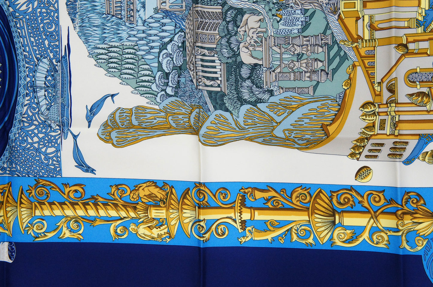 Hermes Carre 90 "L'Atlantide" Silk Scarf in Navy Blue and Multicolor