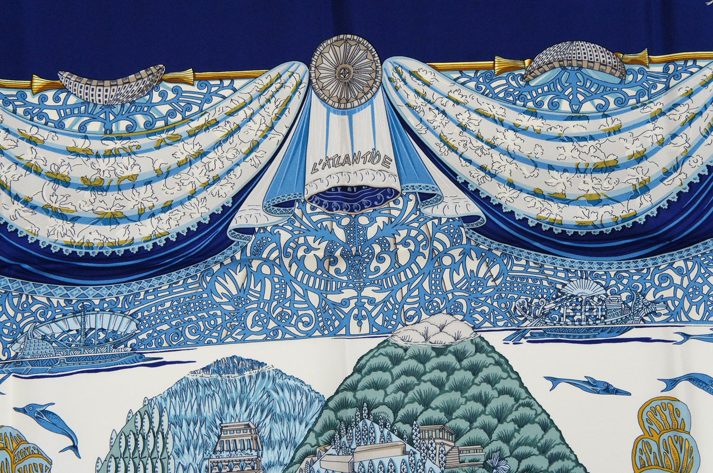Hermes Carre 90 "L'Atlantide" Silk Scarf in Navy Blue and Multicolor