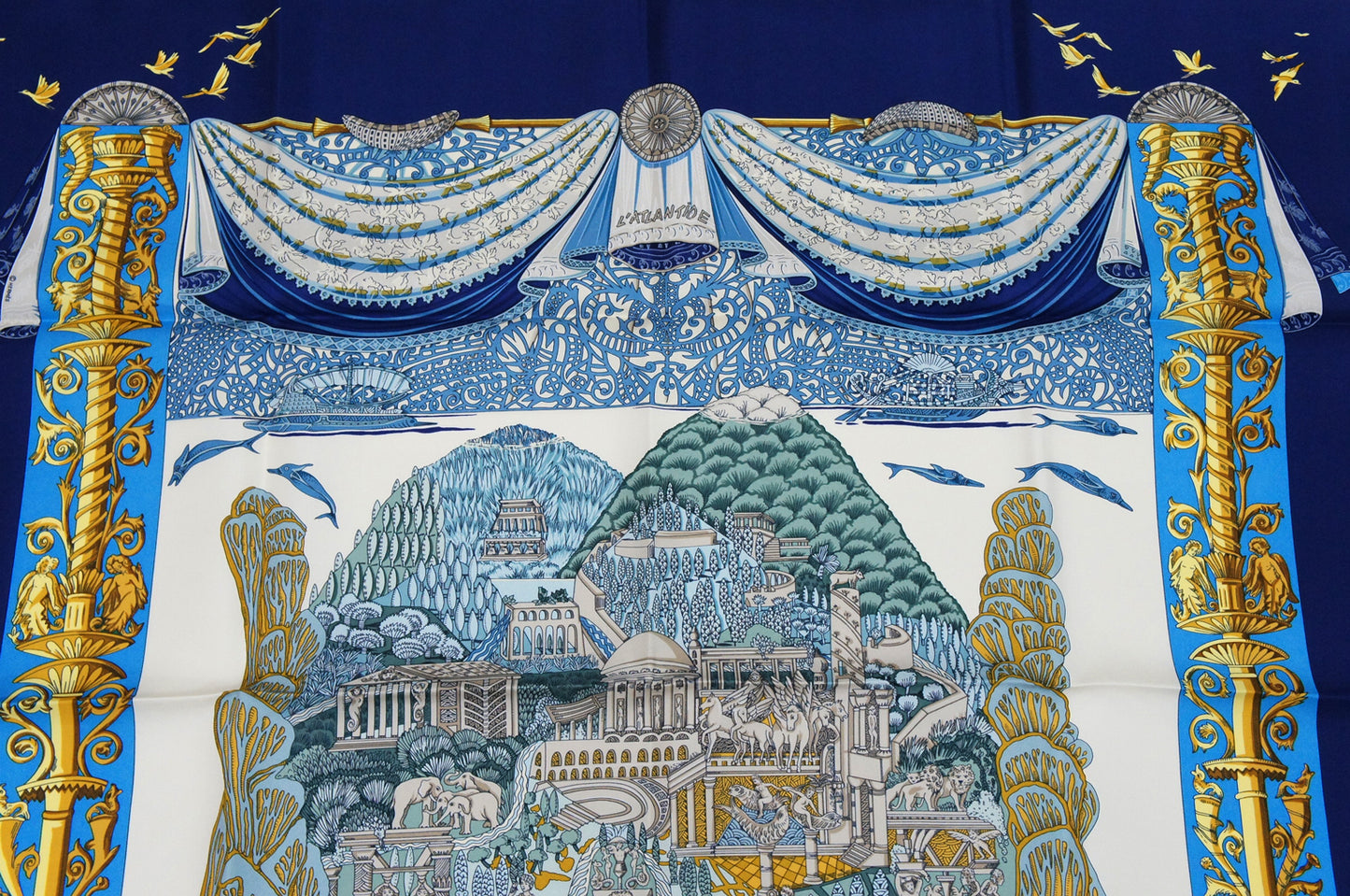 Hermes Carre 90 "L'Atlantide" Silk Scarf in Navy Blue and Multicolor