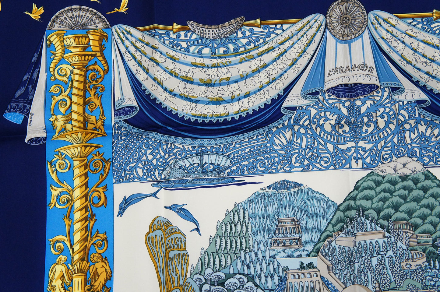 Hermes Carre 90 "L'Atlantide" Silk Scarf in Navy Blue and Multicolor