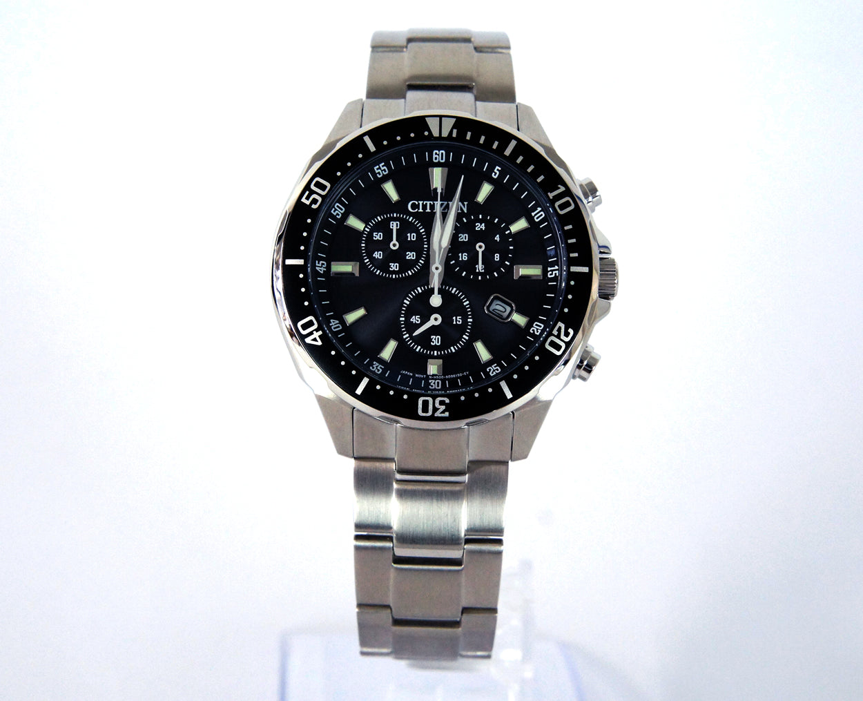 Eco-Drive Chronograph Men’s Watch – Stainless Steel, Black Dial / Free shipping