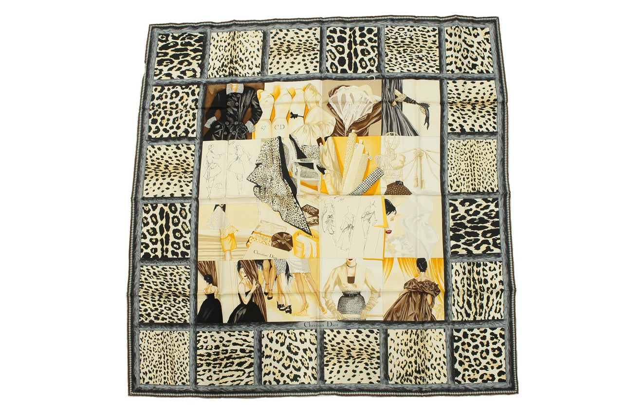 Christian Dior Silk Scarf with Leopard Print and Fashion Sketch Motifs in Black and Multicolor