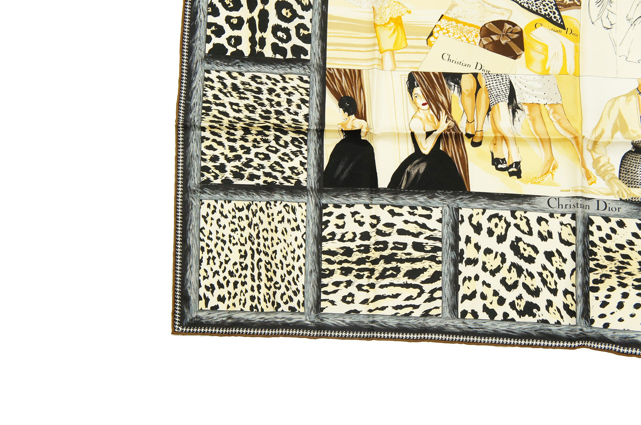 Christian Dior Silk Scarf with Leopard Print and Fashion Sketch Motifs in Black and Multicolor