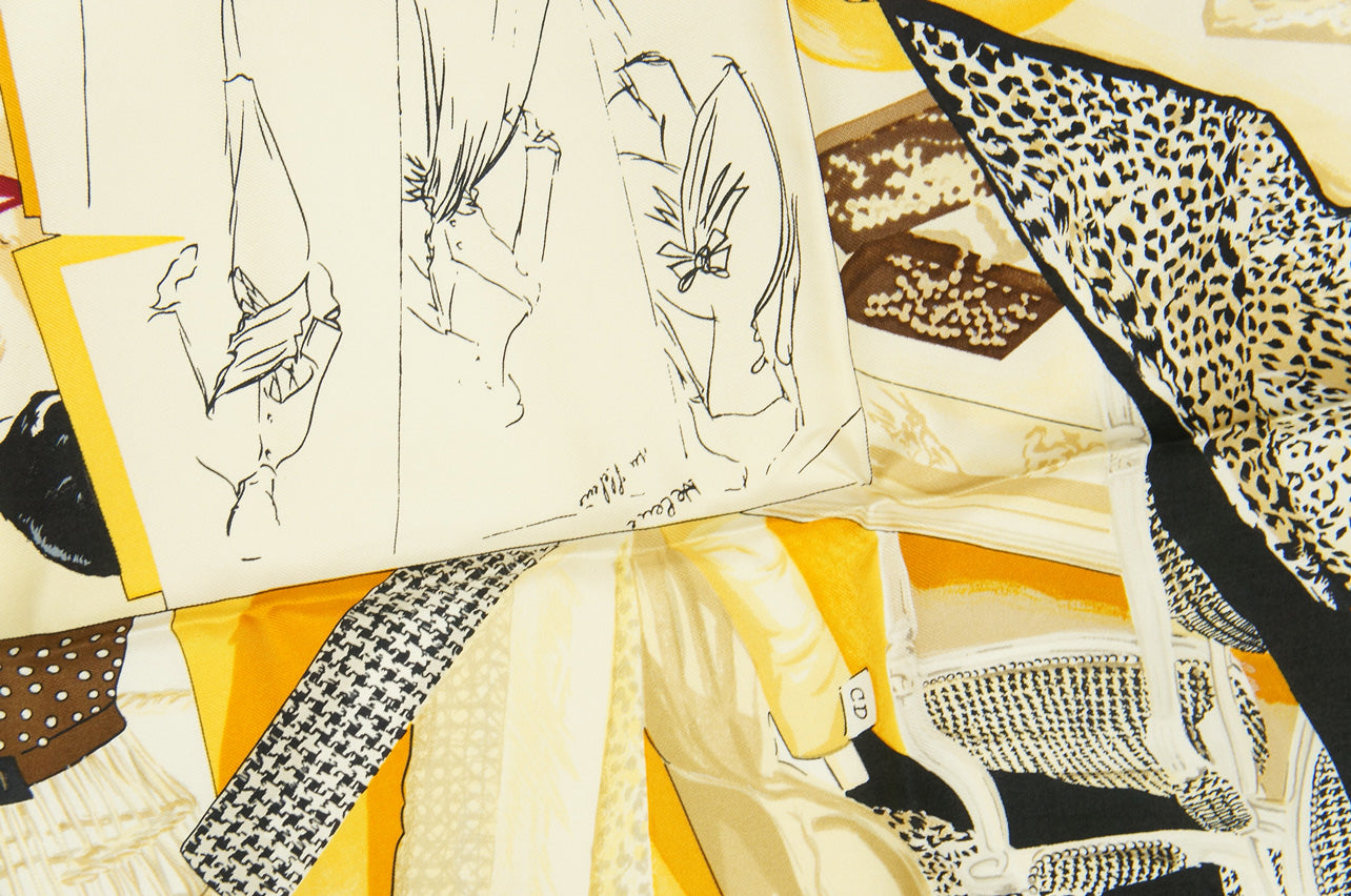 Christian Dior Silk Scarf with Leopard Print and Fashion Sketch Motifs in Black and Multicolor