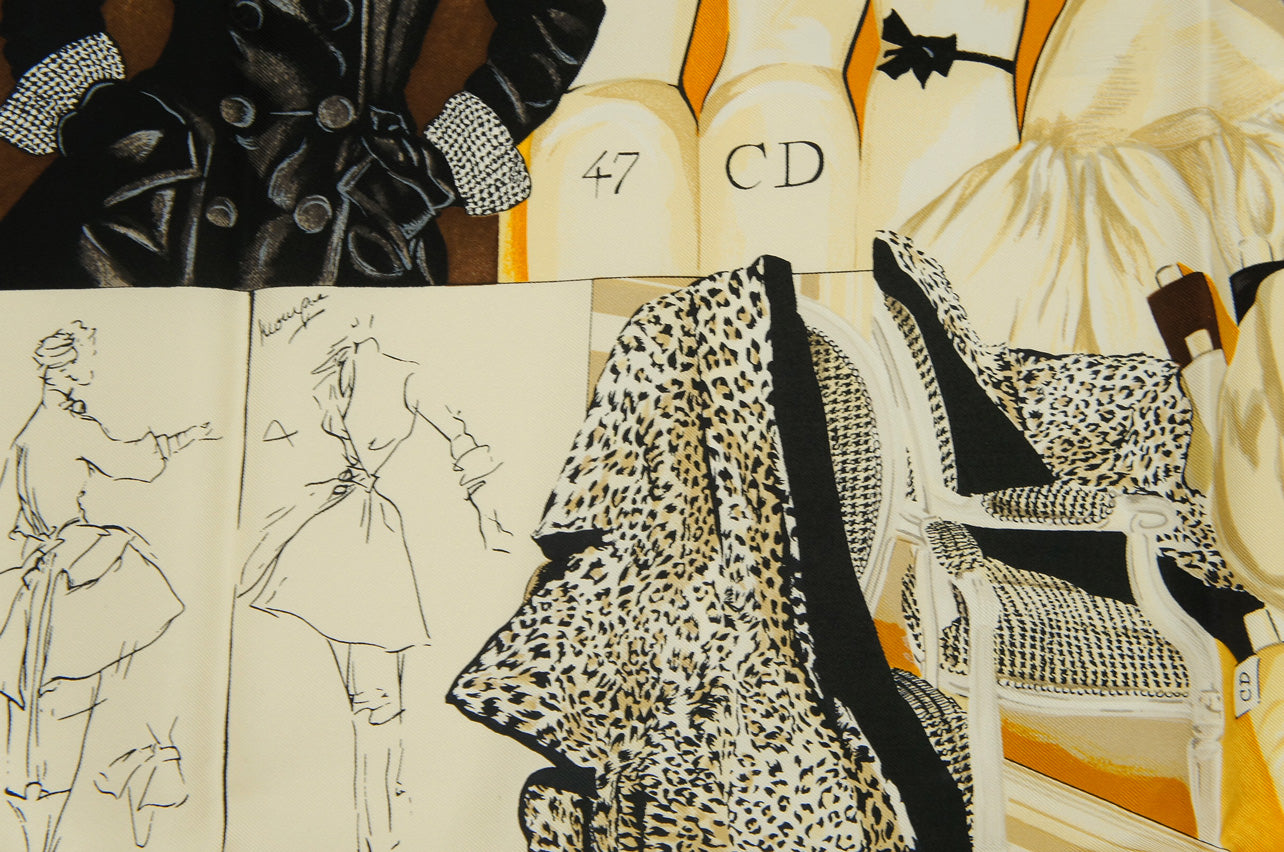 Christian Dior Silk Scarf with Leopard Print and Fashion Sketch Motifs in Black and Multicolor