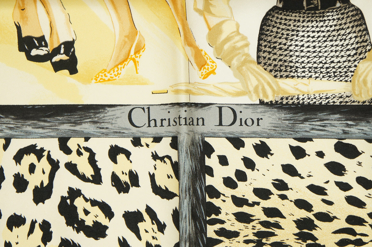 Christian Dior Silk Scarf with Leopard Print and Fashion Sketch Motifs in Black and Multicolor