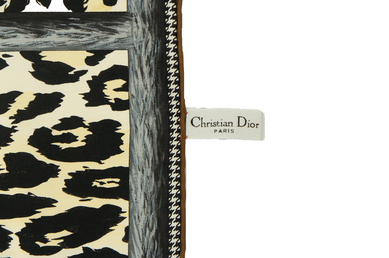 Christian Dior Silk Scarf with Leopard Print and Fashion Sketch Motifs in Black and Multicolor