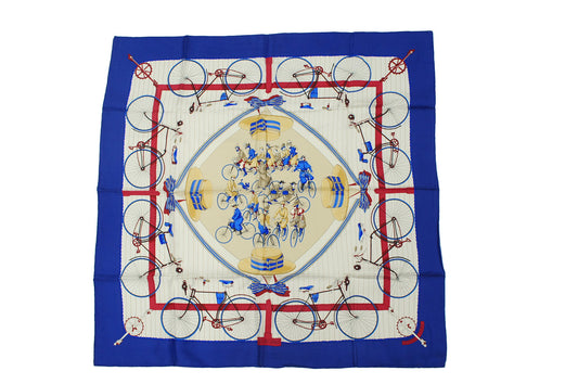 Hermes Carre 90 "Les Becanes" Silk Scarf in Blue and Multicolor