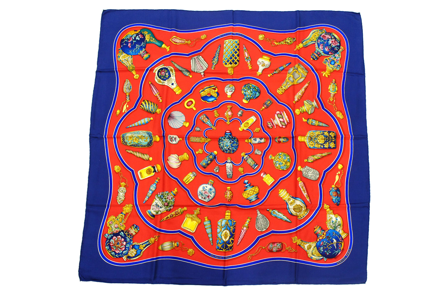 Hermes Carre 90 Qu'importe le flacon Perfume Bottle Silk Scarf in Blue, Red and Multicolor