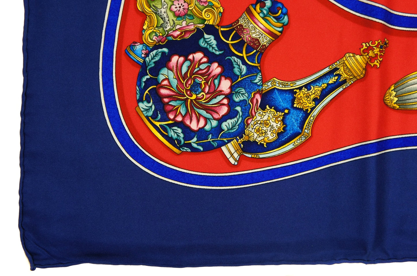 Hermes Carre 90 Qu'importe le flacon Perfume Bottle Silk Scarf in Blue, Red and Multicolor