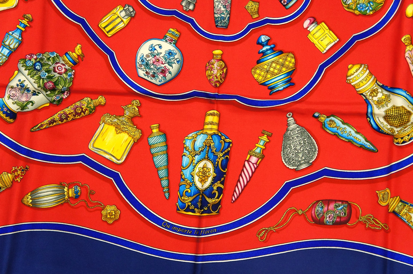 Hermes Carre 90 Qu'importe le flacon Perfume Bottle Silk Scarf in Blue, Red and Multicolor