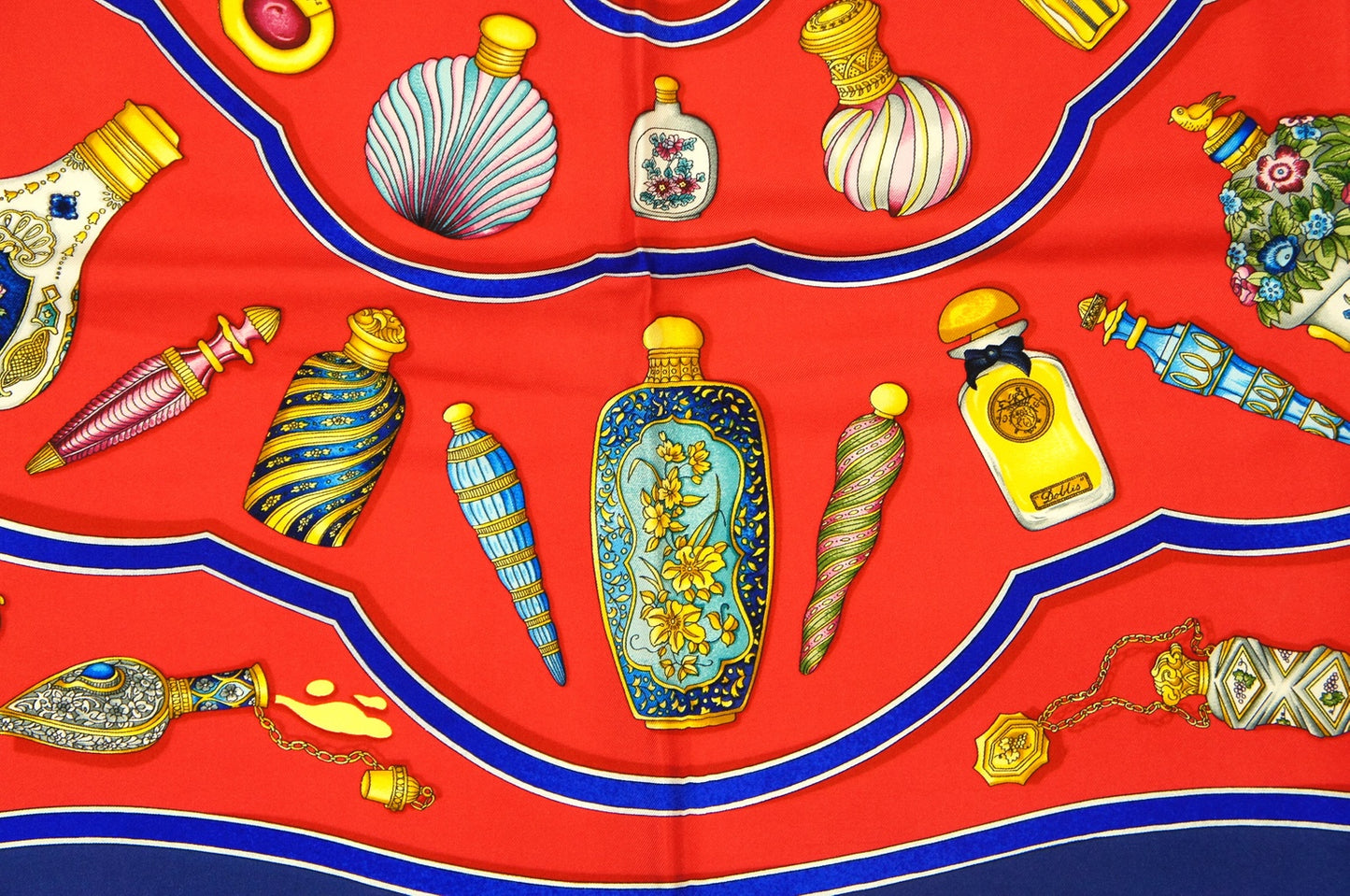 Hermes Carre 90 Qu'importe le flacon Perfume Bottle Silk Scarf in Blue, Red and Multicolor