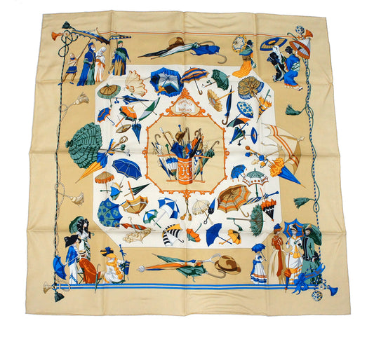 Hermes Carre 90 "Ombrelles et Parapluie" Silk Scarf in Beige and Multicolor