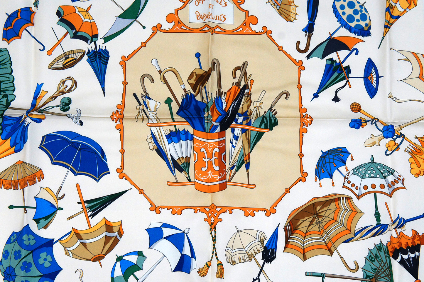 Hermes Carre 90 "Ombrelles et Parapluie" Silk Scarf in Beige and Multicolor