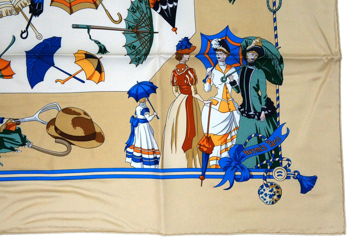 Hermes Carre 90 "Ombrelles et Parapluie" Silk Scarf in Beige and Multicolor