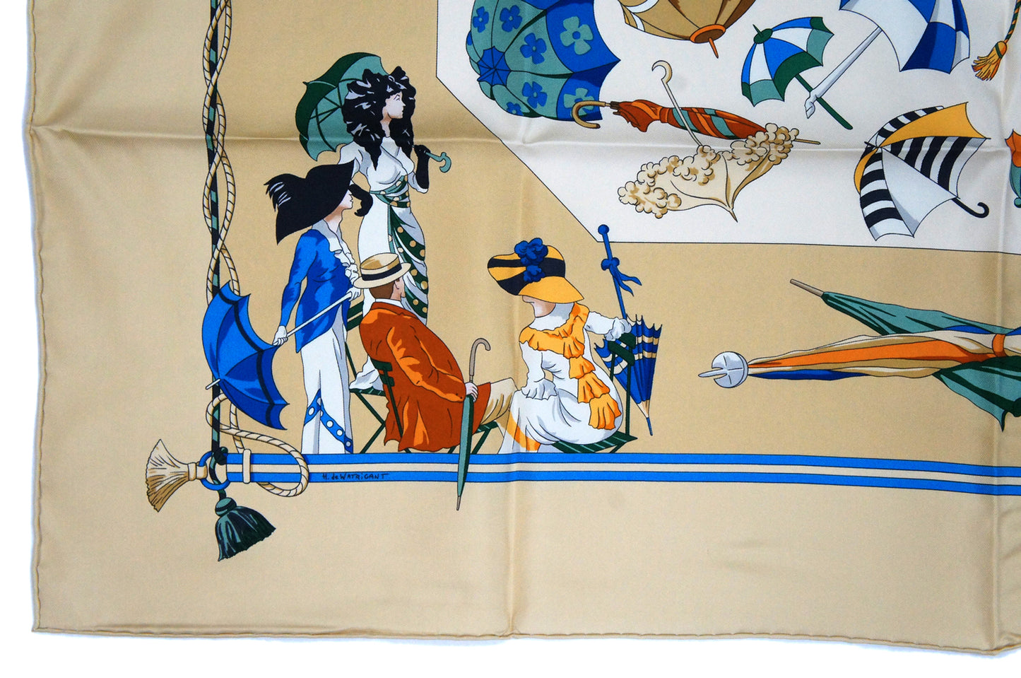 Hermes Carre 90 "Ombrelles et Parapluie" Silk Scarf in Beige and Multicolor