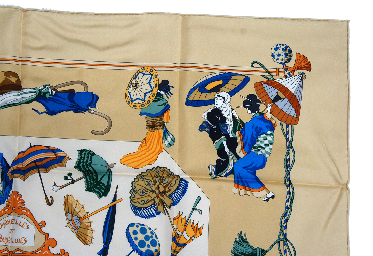 Hermes Carre 90 "Ombrelles et Parapluie" Silk Scarf in Beige and Multicolor