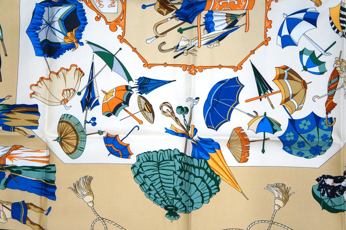 Hermes Carre 90 "Ombrelles et Parapluie" Silk Scarf in Beige and Multicolor