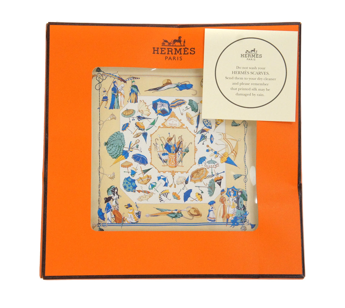 Hermes Carre 90 "Ombrelles et Parapluie" Silk Scarf in Beige and Multicolor