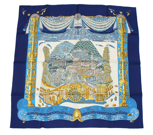 Hermes Carre 90 "L'Atlantide" Silk Scarf in Navy Blue and Multicolor