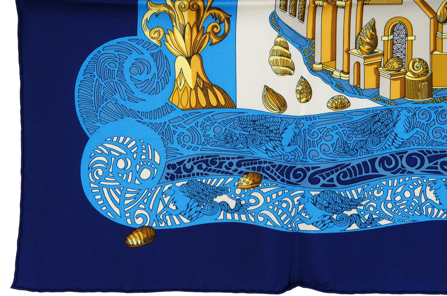 Hermes Carre 90 "L'Atlantide" Silk Scarf in Navy Blue and Multicolor