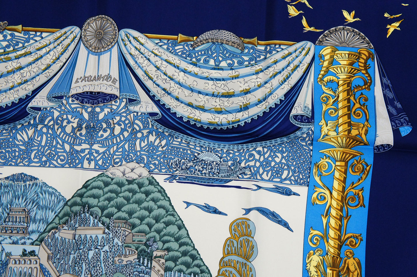 Hermes Carre 90 "L'Atlantide" Silk Scarf in Navy Blue and Multicolor
