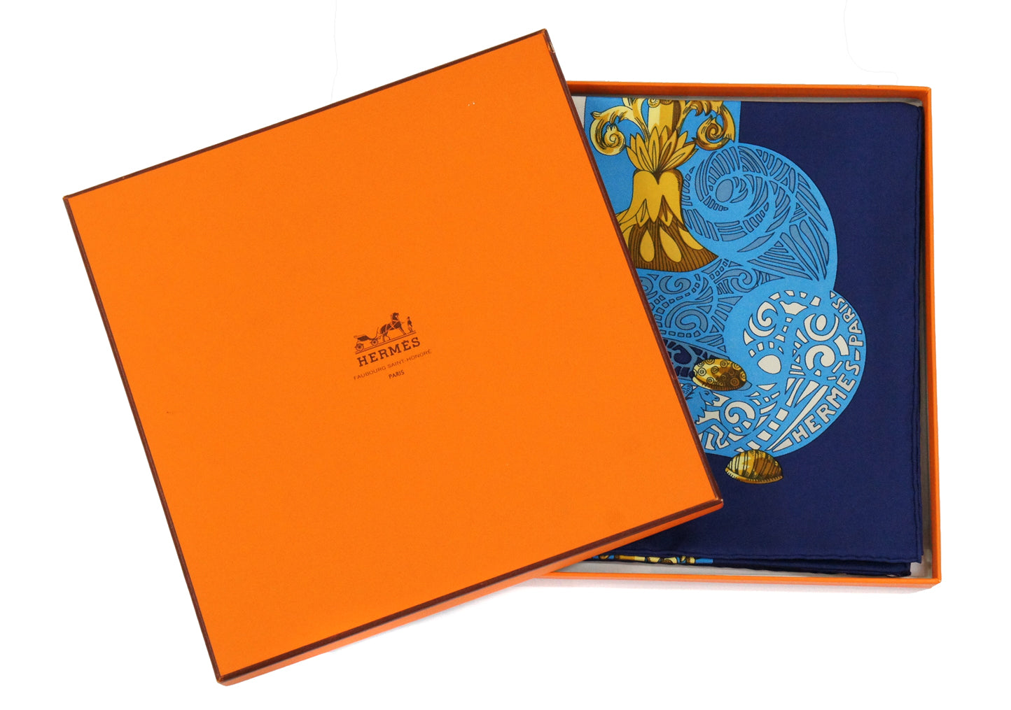 Hermes Carre 90 "L'Atlantide" Silk Scarf in Navy Blue and Multicolor