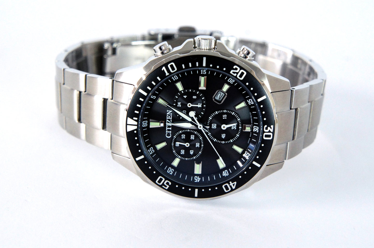 Eco-Drive Chronograph Men’s Watch – Stainless Steel, Black Dial / Free shipping