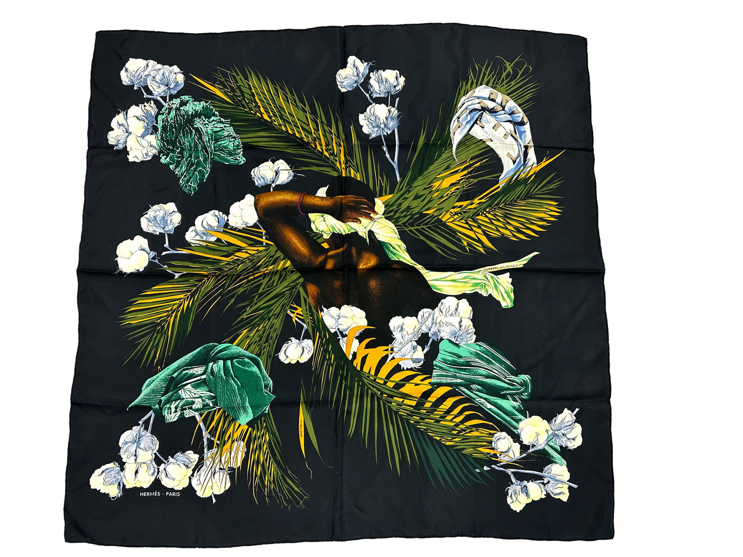 HERMES Carre 90 "Turbans Des Reines Turbans of the Queens" Silk Scarf in Black and Multicolor<br data-mce-fragment="1">